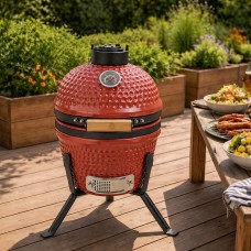 Neo Kamado 13" In Cinnabar Ceramic Mini BBQ Grill Smoker Egg Charcoal Cooking Oven, Portable Oven and Smoker with Stand